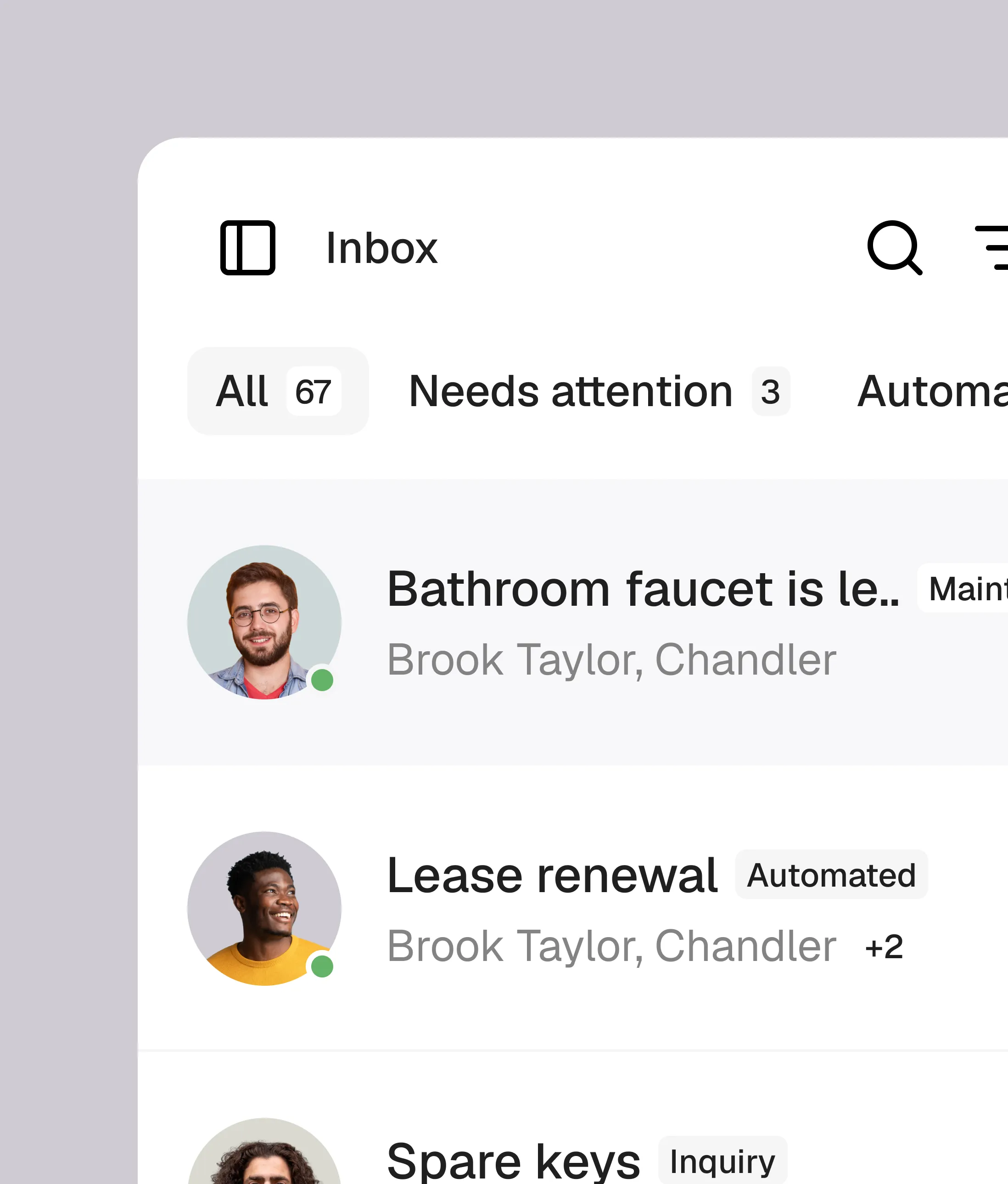Searchable list of SMS conversations between tenants and AI