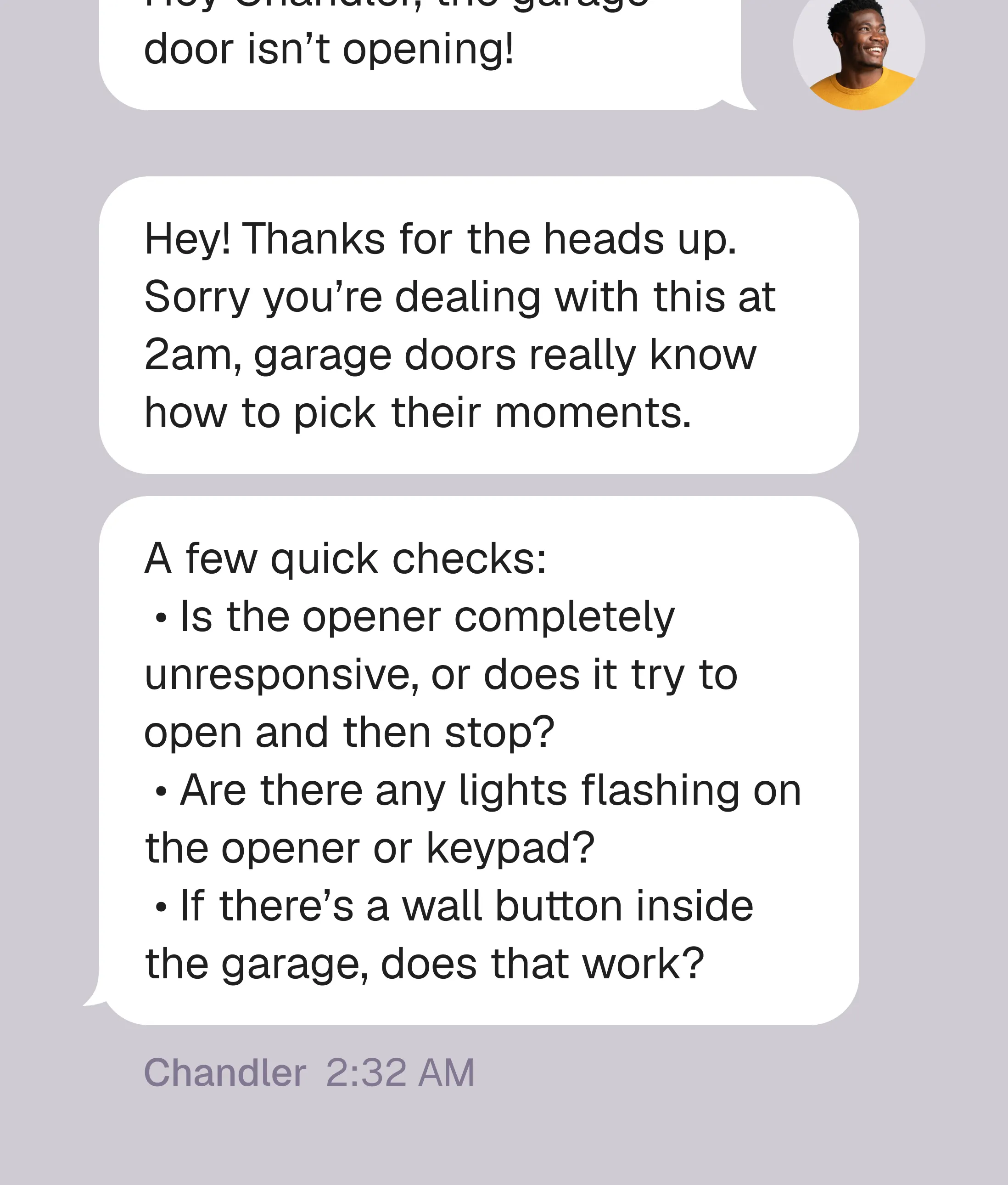 AI asking follow-up questions to gather maintenance request details